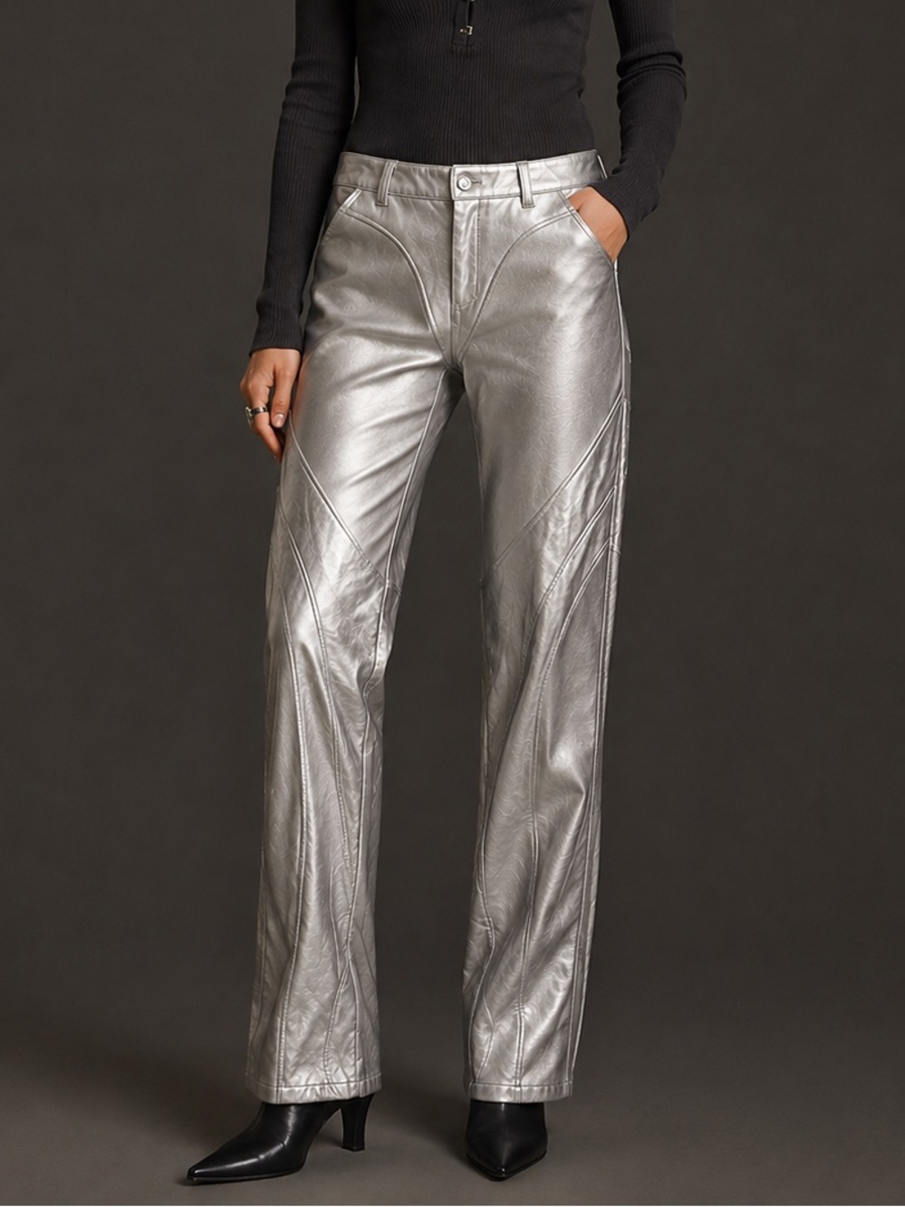 MANIERE DE VOIR Vegan Leather Metallic Trousers. Size 8